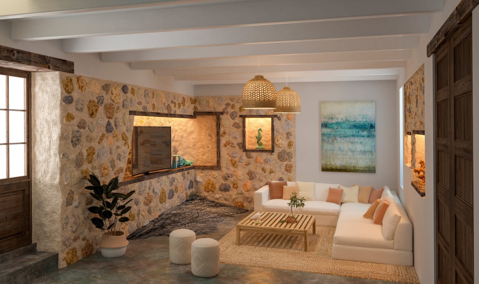 Render salón casa de pueblo, reforma en curso 7Catorce Proyectos en Caimari, Mallorca